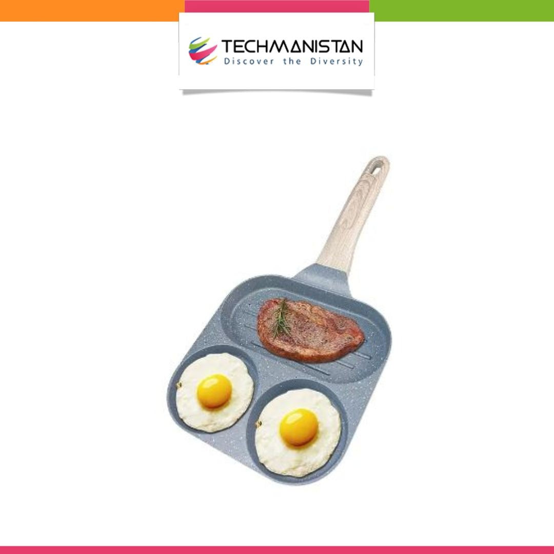 Techmanistan Mini 9x9cm Non-Stick Egg Frying Pan with Wooden Handle, Multi Grids Pancake Pan, Multi Egg Frying Pan Divider Fry Pan