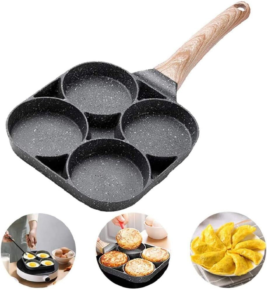 Techmanistan Mini 9x9cm Non-Stick Egg Frying Pan with Wooden Handle, Multi Grids Pancake Pan, Multi Egg Frying Pan Divider Fry Pan