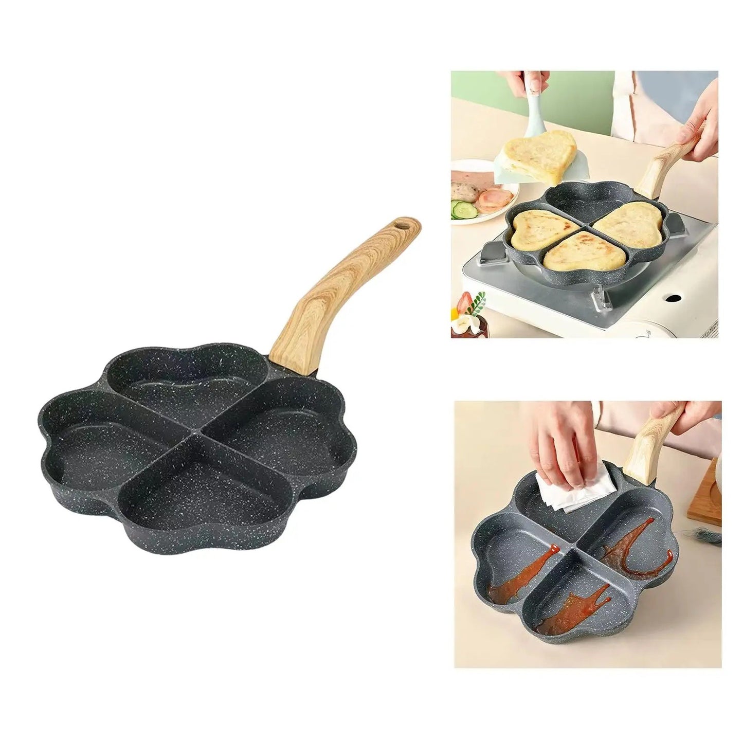 Techmanistan Mini 9x9cm Non-Stick Egg Frying Pan with Wooden Handle, Multi Grids Pancake Pan, Multi Egg Frying Pan Divider Fry Pan