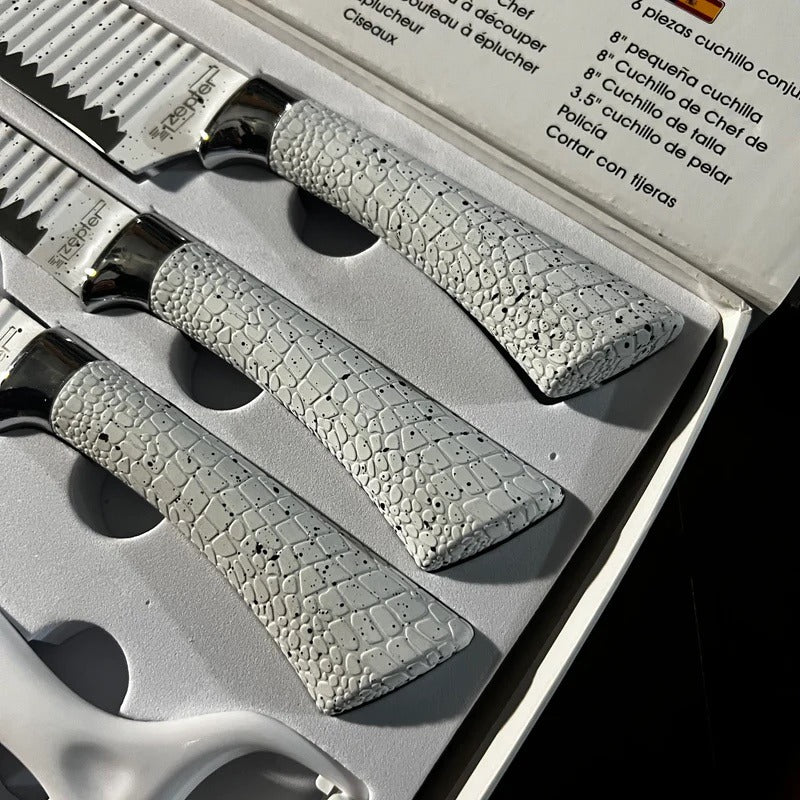Bass/Zepter 6 Pieces Kitchen Knife Set- Stainless Steel With Leather Covering Handle- Unique Design