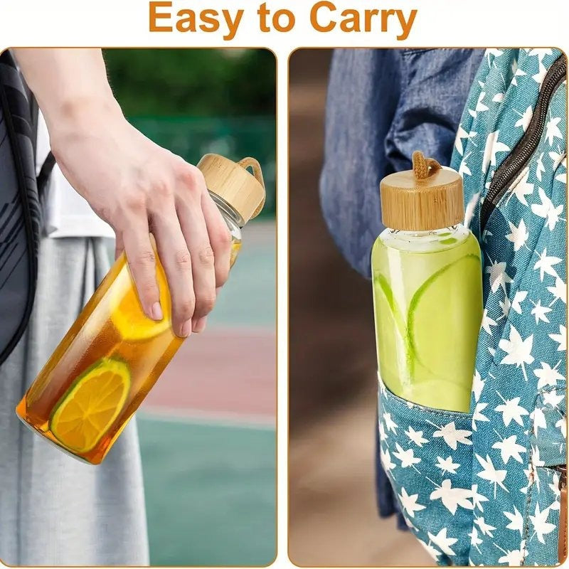 Leak Proof Borosilicate Glass Water Bottle with Bamboo Lid 550ml for Sports and Travel
