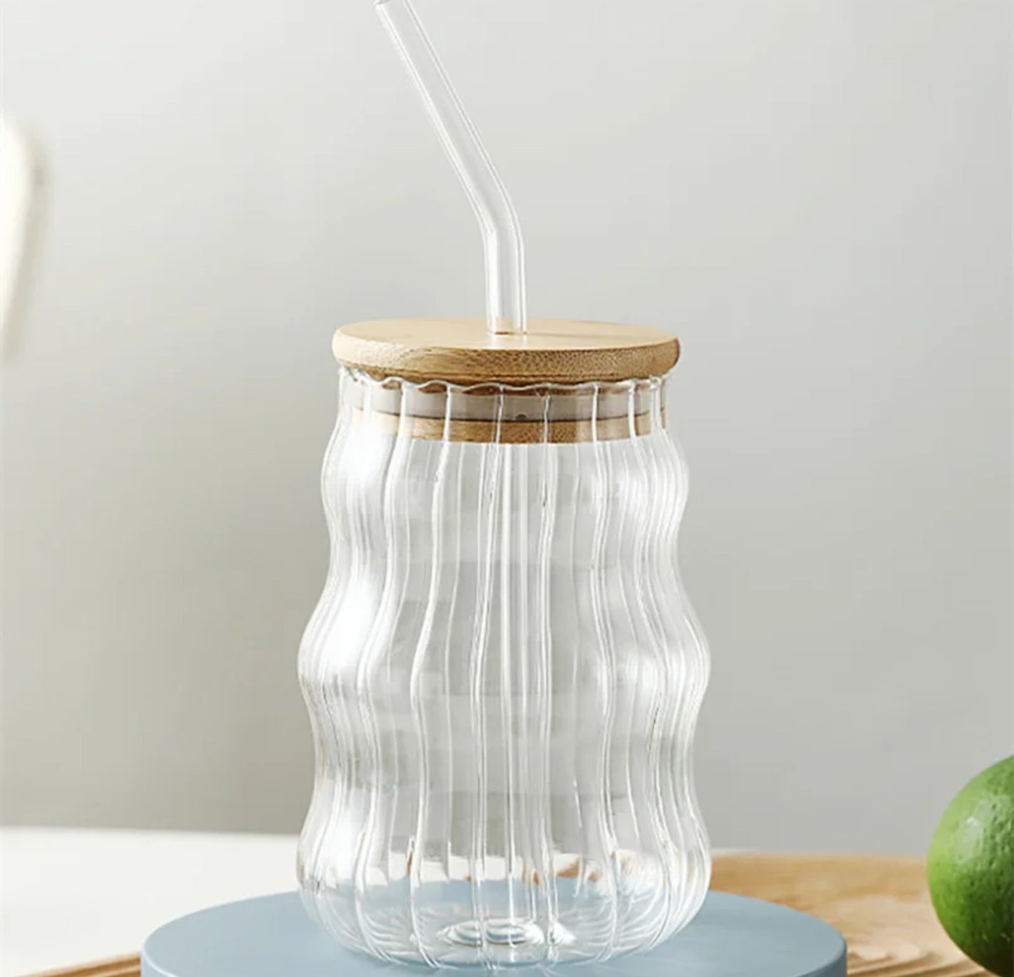 Ribbed & Round Juice Glass With Straw
