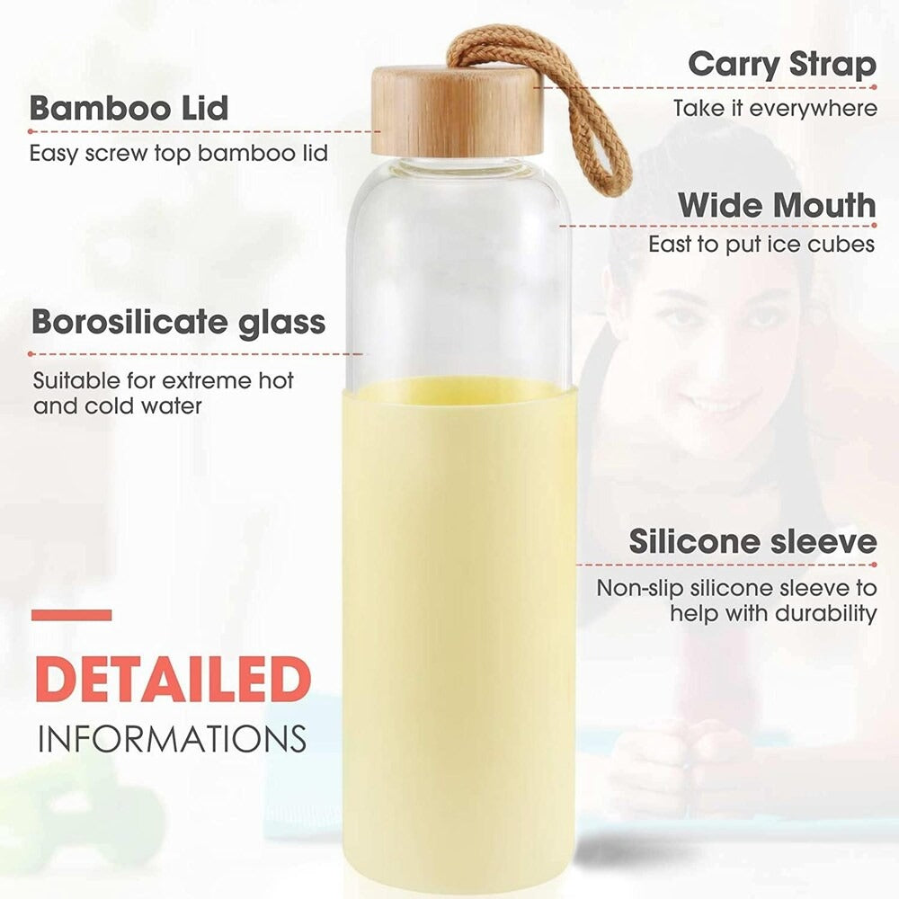 Leak Proof Borosilicate Glass Water Bottle with Bamboo Lid 550ml for Sports and Travel