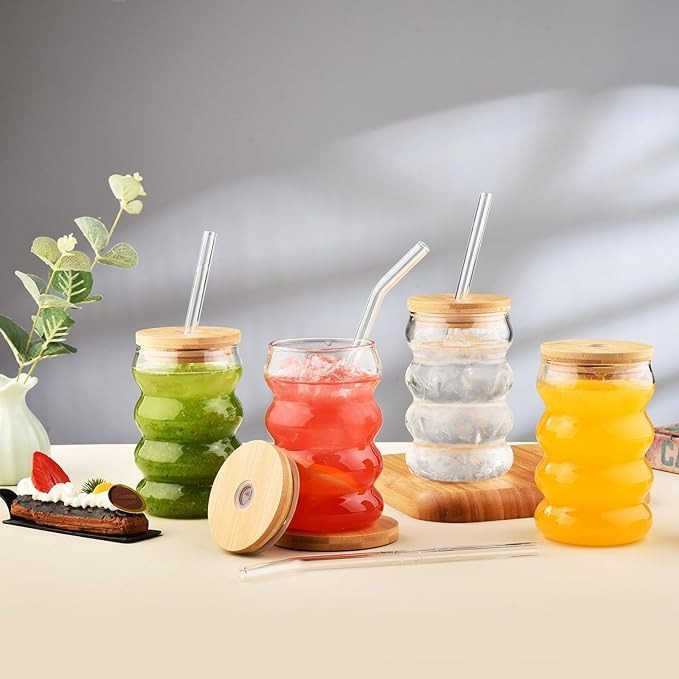 Ribbed & Round Juice Glass With Straw